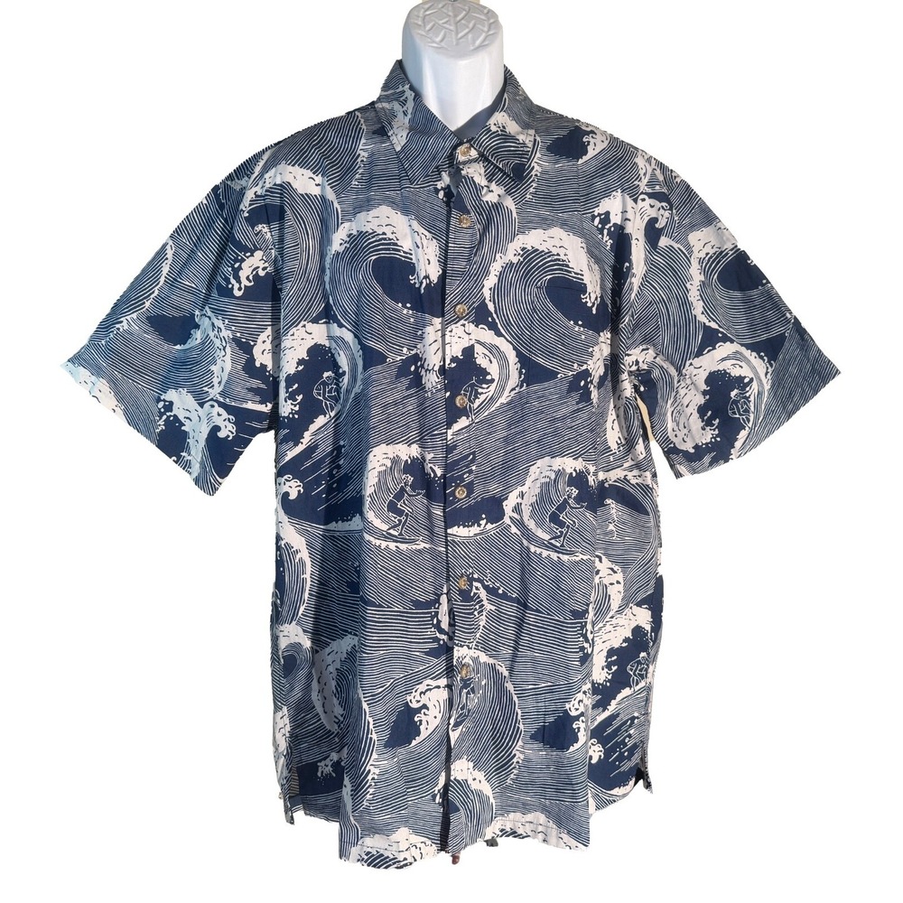 COOKE STREET Mens Short Sleeve Button Down Ocean Wave Surfer Shirt Blue White XL